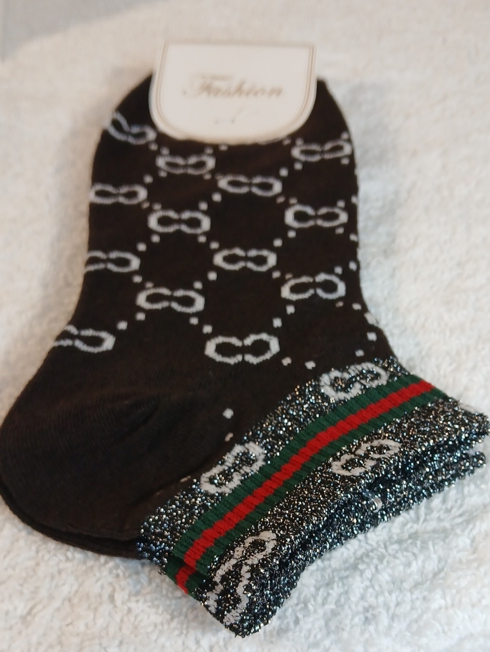 Brown Ankle Socks with Glitter Cuff and Pattern